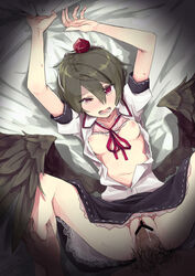 bar_censor bed_sheet blush bra breasts censor_bar censored cum cum_in_pussy cum_inside drooling hat highres male_pubic_hair nipples open_clothes open_mouth open_shirt penis pink_bra pubic_hair pussy red_eyes ribbon sex shameimaru_aya sheet_grab skirt solo spread_legs tai0201 tear tokin_hat touhou underwear vaginal_penetration wince wings