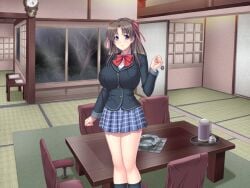 1girls clock closed_mouth closed_mouth_smile enormous_breasts female female_only game_cg giant_breasts gigantic_breasts huge_breasts kyonyuu_onsen_kozukuri_no_yu massive_breasts open_eyes school_uniform schoolgirl schoolgirl_uniform suzuki_falco teenage_female teenage_girl teenager tougenkyo_(company) window yamashina_sayaka