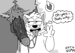 4_fingers anthro anthro_on_anthro arthropod balls bee big_balls big_penis bodily_fluids canid canine canis circumcised dialogue domestic_dog drooling duo english_text erection ferris_(normalsville) fingers fur genitals gesture greyscale half-closed_eyes hand_gesture huge_penis hymenopteran insect looking_at_another looking_up male male/male mammal monochrome narrowed_eyes not4summ nude owen_(normalsville) penis saliva saliva_string spiked_penis spikes spikes_(anatomy) text thick_thighs thought_bubble tongue tongue_out v_sign vein veiny_penis