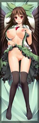 1girls bed_sheet black_legwear black_wings breasts brown_hair dakimakura female large_breasts long_hair lying nipples no_bra no_panties on_back ookami_yuuki open_clothes open_mouth pussy red_eyes skirt skirt_lift smile solo thighhighs third_eye touhou uncensored utsuho_reiuji wings