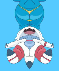 bandai_namco big_butt blue_body bulge butt claws clothing digimon digimon_(species) digimon_ghost_game digital_media_(artwork) dinosaur duo erection gammamon gayoshie hi_res male open_mouth prehistoric_species reptile scalie simple_background tail thong underwear veemon white_body wrestler wrestling wrestling_gear