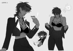 1girls black_bra black_hair black_suit bra cute cute_female exposed_breasts genderbend genderswap genderswap_(mtf) jimnmy_2 mullet mullet_(hairstyle) nicholas_d_wolfwood nun rule_63 short_hair smoking smoking_cigarette suit tan_skin trigun trigun_maximum