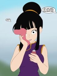 bimbo black_eyes black_hair breasts bulma_briefs chichi cream dialogue dragon_ball dragon_ball_z female female_focus female_only majin pink_cream salazaru slime surprised tagme thesalazar