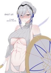 1girls abs blush embarrassed english_text female female_only light-skinned_female light_skin muscular muscular_female myth1c myth1carts nijisanji nijisanji_en shield silver_hair solo sword text toned toned_female underboob victoria_brightshield virgin_destroyer_sweater virtual_youtuber weapon