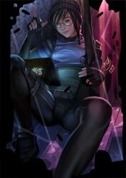 armor asdj asian beanie brown_eyes dokkaebi_(rainbow_six) glasses gun multicolored_hair short_hair shotgun sitting soldier tablet tagme thighs