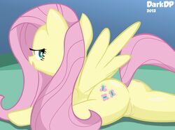 2012 anus ass color cutie_mark darkdp day equine female fluttershy_(mlp) friendship_is_magic fur green_eyes hair horse long_hair looking_back lying my_little_pony on_stomach outdoors pegasus pink_hair pony pussy raised_tail solo straight_hair wings yellow_fur