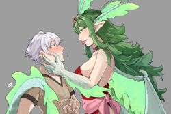 1boy 1girls bare_shoulders blush breasts brown_eyes brown_shirt claws closed_mouth dragon_girl dragon_horns dragon_tail dragon_wings dress eye_contact female fingernails fire_emblem fire_emblem_awakening flying_sweatdrops green_eyes grey_background grey_hair hand_on_another's_face height_difference highres horns long_hair looking_at_another male medium_breasts monster_girl nintendo pointy_ears profile red_dress robin_(fire_emblem) robin_(fire_emblem)_(male) sakuremi scales shirt short_hair short_sleeves simple_background strapless strapless_dress tail tiki_(adult)_(fire_emblem) tiki_(fire_emblem) tongue tongue_out white_hair wings