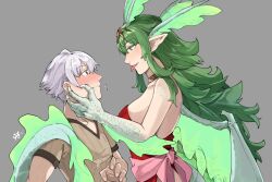 1boy 1girls bare_shoulders blush breasts brown_eyes brown_shirt claws closed_mouth dragon_girl dragon_horns dragon_tail dragon_wings dress eye_contact female fingernails fire_emblem fire_emblem_awakening flying_sweatdrops green_eyes grey_background grey_hair hand_on_another&#039;s_face height_difference highres horns long_hair looking_at_another male medium_breasts monster_girl nintendo pointy_ears profile red_dress robin_(fire_emblem) robin_(fire_emblem)_(male) sakuremi scales shirt short_hair short_sleeves simple_background strapless strapless_dress tail tiki_(adult)_(fire_emblem) tiki_(fire_emblem) tongue tongue_out white_hair wings