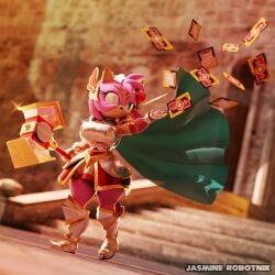 3d amy_rose armor big_ass big_breasts blender blurred_background boots cape cards determined female female_focus female_only flower_in_hair gloves green_eyes hammer headband headwear jasminerobotnik paladin_amy pink_body pink_hair reaching_up sefa shiny_clothes solo sonic_(series) sonic_forces_speed_battle sonic_the_hedgehog_(series) tarot_card thick_thighs warrior