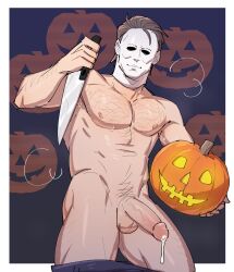 245and8pm balls bara big_balls big_penis cum erection halloween halloween_(series) male male_nipples male_only michael_myers monster muscular_male nightmare_husbando nipples nude penis serial_killer sweat sweating