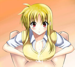 blonde_hair blush breast_hold breasts clothed_sex cum cum_in_clothes fate_testarossa female gradient gradient_background large_breasts long_hair looking_at_viewer lyrical_nanoha mahou_shoujo_lyrical_nanoha_strikers male masaki_(sibamasa) paizuri paizuri_under_clothes penis_under_clothes red_eyes school_uniform short_sleeves straight sweater_vest