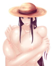 1girls artist_request big_hands black_eyes black_hair breasts covering_breasts female female_only hasshaku-sama hat huge_breasts hyper hyper_breasts japanese japanese_mythology large_breasts long_arms long_hair long_nails looking_at_viewer naked sharp_fingernails smile squished_breasts sun_hat very_long_hair white_background 督弘