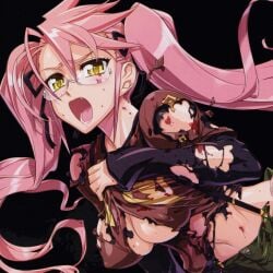 big_breasts black_background blood_on_body blood_on_face brown_shirt color female female_focus female_only glasses highschool_of_the_dead long_hair looking_at_viewer navel nipple_bulge no_bra official_art open_mouth pink_hair ribbon_in_hair satou_shouji saya_takagi torn_clothes twintails yellow_eyes