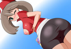 bike_shorts breasts brown_hair female female_only green_eyes halubato hat human human_only large_breasts may_(pokemon) nipples pokemon solo torn_clothes