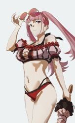 1girls adjusting_eyewear bikini blunt_bangs breasts closed_mouth eyewear_on_head female fire_emblem fire_emblem:_three_houses fire_emblem_heroes highres hilda_valentine_goneril hilda_valentine_goneril_(summer) holding holding_umbrella long_hair looking_at_viewer medium_breasts navel official_alternate_costume parasol pink-tinted_eyewear pink_bikini pink_eyes pink_hair round_eyewear simple_background smile solo stomach sunglasses swimsuit tinted_eyewear twintails umbrella white_background zv6dllrzu725132