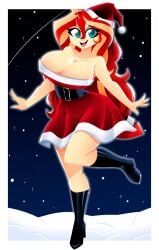 1girls 2023 aqua_eyes big_breasts black_belt black_boots christmas christmas_clothing christmas_headwear christmas_outfit cleavage equestria_girls female female_only happy happy_female hasbro huge_breasts large_breasts long_hair looking_at_viewer one_leg_up open_mouth red_clothing red_hair santa_costume santa_dress santa_hat snow solo sunset_shimmer thick_thighs twitter_link two_tone_hair xan-gelx(xan) yellow_body yellow_skin