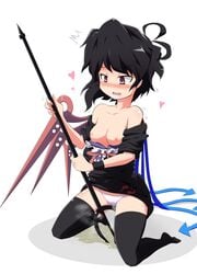 1girls aho asymmetrical_wings black_hair black_legwear breasts collarbone female heart highres nipples nue_houjuu off_shoulder open_mouth panties peeing polearm red_eyes short_hair short_sleeves solo thighhighs touhou trident underwear weapon white_panties wings