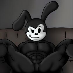 abs anthro black_body black_fur disney looking_at_viewer lying_on_sofa mammal muscular muscular_anthro muscular_male open_legs oswald oswald_(character) oswald_the_lucky_rabbit pecs rabbit rjquaty simple_background sofa solo white_face