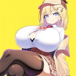 ai_generated ameanon big_breasts black_bra blonde_hair blue_eyes bra breasts center_opening crossed_legs hololive hololive_english hololive_myth huge_breasts large_breasts mole_on_breast paizuri_invitation sitting skindentation thick_thighs thighhighs virtual_youtuber watson_amelia