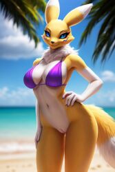 1girls ai_generated anthro beach bedroom_eyes bikini bikini_top blue_eyes bottomless bottomless_female breasts digimon digimon_(species) female female_only fox gloves_(marking) hand_on_hip hand_on_thigh innie_pussy looking_at_viewer milf mostly_nude nude_beach purple_bikini purple_bikini_top pussy renamon sea white_fur yellow_fur