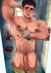 armpit_hair bara barayot big_penis blush little_mac looking_at_viewer male male_nipples male_only muscular muscular_male nintendo nipples nude penis punch_out solo wet