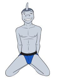 anthro clothed clothing erection erection_under_clothing fish fuze grin hi_res ian_dela_cruz jockstrap jockstrap_only kneeling looking_at_viewer male marine navel nipples shark simple_background smile solo texnatsu topless underwear underwear_only white_background