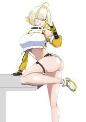 1girls ahoge ass ass_focus blonde_hair elegg_(nikke) female_only fully_clothed goddess_of_victory:_nikke grin hair_over_eyes hotpants koganei leg_up looking_at_viewer on_table plump_ass purple_eyes short_hair table white_background