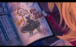 1girls ass big_ass blonde_hair book female gwen_art_check gwen_stacy light-skinned_female light_skin llamaboy looking_back marvel meme smile spider-gwen spider-man spider-man:_across_the_spider-verse spider-man_(series) squatting superhero superhero_costume superheroine twerking