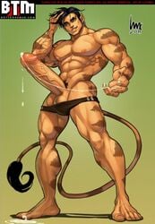 1boy abs anthro balls biceps big_penis camil-cat camilli-cat_(character) cum cum_in_hand cum_string dripping lukuris luxuris male male_only masturbation messy muscle muscles oozing pecs penis plain_background pointy_ears solo speedo tail_tuft