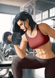 1girls 2d abs artist_name asami_sato avatar_legends belly_button black_hair breasts clothed exercise eyeshadow female female_only green_eyes gym hi_res human light-skinned_female lipstick long_hair muscular muscular_female nonbender solo stellasin sweat the_legend_of_korra tight_clothing weightlifting