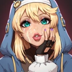 ai_generated alternate_version_available big_lips bimbo bimboports(ai) blonde_hair bridget cheek_squish cum cum_in_hair cum_on_face cum_on_nose guilty_gear guilty_gear_strive hand_on_head hoodie lipstick looking_at_viewer nail_polish pink_lipstick stray_pubic_hair thick_lips