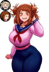 ai_generated brown_hair double_bun fusion fusion_character himiko_toga krystalizedart large_breasts messy_hair my_hero_academia ochako_uraraka ochako_uraraka_(hero_outfit) slit_pupils solo solo_female solo_focus