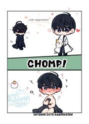 2boys 2d ? big_head bite_mark bite_mark_on_arm bite_mark_on_shoulder biyoo_(omniscient_reader's_viewpoint) black_coat black_eyes black_hair black_shirt blush chewing coat collared_shirt covering_privates double-parted_bangs drooling english_text gay hair_between_eyes hashtag-only_commentary highres hugging_clothes kim_dokja kimidori_22 male male_focus male_only multiple_boys nipples no_shirt omniscient_reader's_viewpoint open_clothes open_coat partially_shaded_face popped_collar shirt short_hair sound_effects tagme toony walking white_coat yaoi yoo_joonghyuk