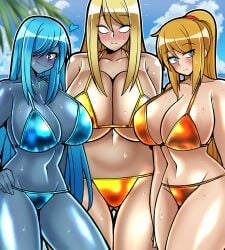 2024 3girls beach big_breasts bikini blonde_hair blue_hair dark_samus female_only huge_breasts iriomote_umineko metroid nintendo sa-x samus_aran tagme