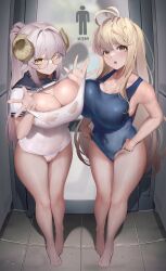 2girls :o absurd_res absurdres armpits bare_arms bare_legs bare_shoulders bare_skin bare_thighs barefoot belly_button blonde_female blonde_hair blonde_hair_female blue_swimsuit blue_swimwear blush blush_lines blushing_female breasts brown_eyes brown_eyes_female brown_horns character_request cleavage collarbone copyright_request dot_nose elbows feet female female_focus female_only fingers full_body glasses groin head_tilt high_resolution highres horns hourglass_figure knees large_breasts legs light-skinned_female light_skin long_hair looking_at_viewer multiple_girls naked naked_female navel nine_(kanine41) nude nude_female open_mouth ponytail pussy school_uniform schoolgirl schoolgirl_uniform shoulders slender_body slender_waist slim_girl slim_waist standing swimsuit swimsuit_pull swimwear thick_thighs thighs thin_waist tilted_head toes v-line wet wet_bikini wet_body wet_breasts wet_face wet_hair wet_legs wet_pussy wet_skin wet_thighs white_hair white_hair_female white_swimsuit white_swimwear wide_hips yellow_eyes yellow_eyes_female