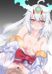 1boy bar_censor blush breasts censored cowgirl_position dragon_girl duel_monster dutch_angle female flaming_horns grin highres japanese_clothes kimono kurikara_divincarnate looking_at_viewer nipples oldsickkim pointy_ears pov pussy red_eyes sex small_breasts smile solo_focus straddling white_hair yu-gi-oh!