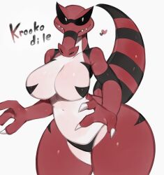 1girls 3_fingers anthro big_breasts claws english_text female female_only generation_5_pokemon hi_res krookodile looking_at_viewer nintendo panties pokémon_(species) pokemon sharp_teeth solo text thick_thighs toge77789 togetoge white_background wide_hips