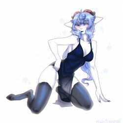 anthro blush bovid breasts caprine clothing dress ewe female fur galaxy ganyu_(genshin_impact) genitals genshin_impact hi_res horn legwear mammal max_fresnel mihoyo pussy sheep shy solo sparkles starry_sky_print stockings