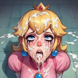 after_bukkake ai_generated blonde_hair bukkake crying cum cum_in_mouth cum_on_body cum_on_face kneeling makeup mascara princess_peach smeared_makeup