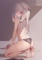 artist_name ass barefoot blush braided_sidelock breath eyelashes feet female from_behind full_body grey_background grey_hair hair_ornament hand_on_own_thigh hand_up heart heart-shaped_pupils highres kneeling legs long_hair looking_at_viewer looking_back luxida_vega panties pink_eyes pixiv_id purple_panties pussy_juice qr_code reverie_(vtuber_group) rryiup see-through_panties shadow sidelocks soles solo sweatdrop symbol-shaped_pupils thighs toenails toes topless underwear