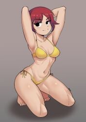 1girls armpits arms_behind_head arms_up bikini black_eyes female freckles gez1313 kim_pine red_hair scott_pilgrim short_hair solo solo_female squatting yellow_bikini