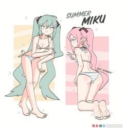 2girls ass ass_focus bikini blue_eyes blue_hair female/female female_only girls girls_only hatsune_miku hatsune_miku_(collared_bikini) keetydraws looking_at_viewer looking_back only_female pink_hair striped_bikini twintails