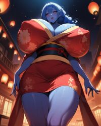 ai_generated big_breasts blue_hair blue_skin breasts breasts breasts gigantic_breasts huge_breasts lipstick night red_dress red_kimono