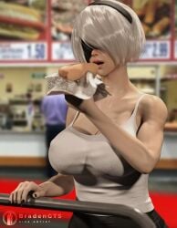 1girls 3d 3d_(artwork) big_breasts bradengts breasts costco eating eating_food female female_focus female_only hot_dog hungry light-skinned_female light_skin nier nier:_automata nier_(series) short_hair sleeveless sleeveless_shirt solo solo_female solo_focus tank_top white_tank_top yorha_2b