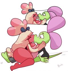 anthro blush bodily_fluids breasts clothed clothing deep_kiss digital_media_(artwork) diicks duo female franskeska_(diicks) french_kissing generation_9_pokemon hair hi_res jimmy_(jamearts) kissing licking lizard male male/female nintendo open_mouth pink_body pokemon pokemon_(species) reptile saliva scalie simple_background smile thick_thighs tinkaton tongue tongue_out wide_hips