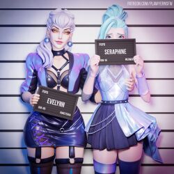 2females 2girls 3d 3d_(artwork) blender blender_(software) blender_eevee blue_eyes brown_eyebrows clothed clothing dyed_hair earrings english_text evelynn eye_contact female female_focus female_only grabbing grabbing_another's_breast hair_ornament happy_female hips hips_wider_than_shoulders jewelry k/da_all_out_series k/da_series lawyernsfw league_of_legends light_blue_hair lips long_hair looking_at_viewer medium_breasts ponytail riot_games seraphine_(league_of_legends) shy small_breasts stockings thick_thighs thighs tied_hair very_long_hair white_hair yellow_eyes