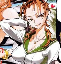 big_breasts cleavage color colored earrings female female_focus female_only hairband highschool_of_the_dead manga manga_page medium_hair necklace orange_eyes orange_hair satou_shouji school_uniform tongue_out yuuki_miku