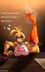 animatronic blue_eyes chicken five_nights_at_freddy's fnaf foot_fetish foot_focus furry_female pov smelly_feet smiling steamy_feet sweatdrop sweaty table toes toy_chica_(fnaf) yellow_skin