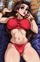 1girls blue_eyes brown_hair earrings kyoffie laying_on_bed mario_(series) nintendo pauline pauline_(mario) red_lingerie red_lipstick thong