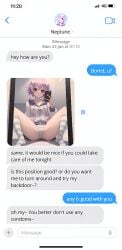 1girls 2024 ai_generated asking_for_it blush blush chat chat_box closed_mouth dialogue dialogue_box english english_text female female_focus hair_ornament image legs legs_apart legs_spread message neptune_(neptunia) neptunia_(series) open_eyes panties phone pink_hair screenshot selfie selfie_pose short_hair smile spread_legs stable_diffusion striped_panties striped_socks suggestive suggestive_pose suggestive_posing text thighs